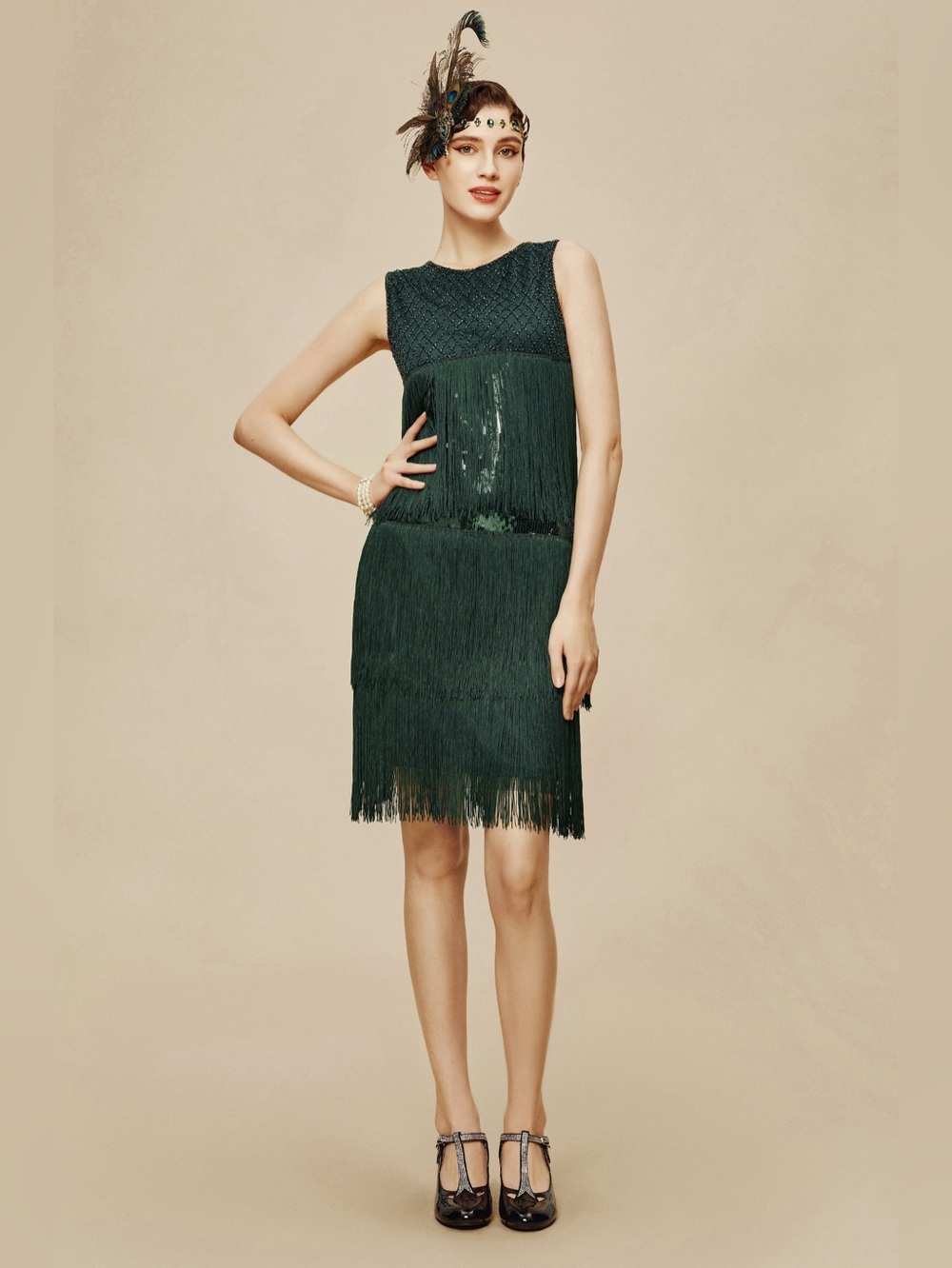Roaring 1920’s Inspired Fringe Flapper Dress Dark Moody Green NEW! Centennial - Picture 2 of 7